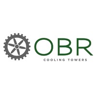 Logotipo de OBR Cooling Towers Inc. El logotipo presenta un icono de engranaje gris a la izquierda y el texto "OBR" en verde a la derecha, con "COOLING TOWERS" en texto negro más pequeño debajo de "OBR".