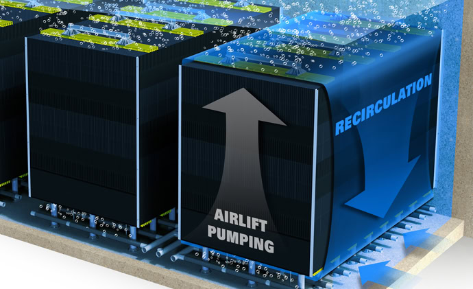 Illustration of a water filtration system showing airlift pumping and recirculation processes.