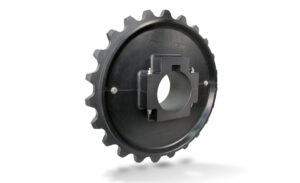 A black, circular sprocket with evenly spaced teeth along its edge. The center of the sprocket features a square-shaped mounting hole and additional structural elements for attachment to a head shaft.