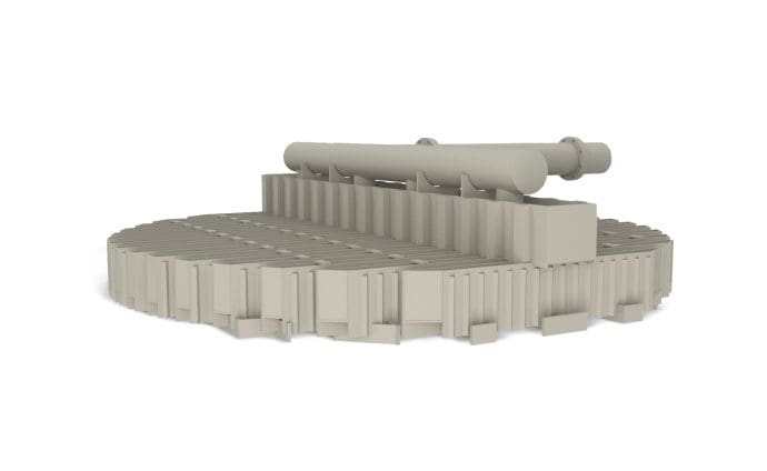 A 3D graphic of a grey, cylindrical liquid distributor with ribbed sides and a flat top.