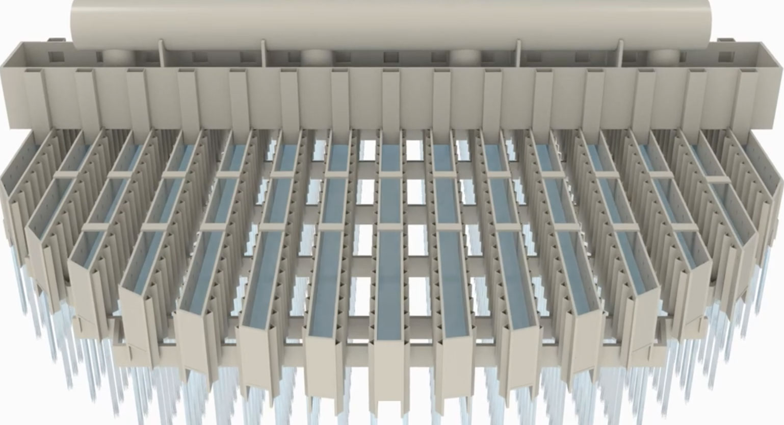 A detailed 3D-rendered model of a liquid distributor. The structure, is encased in a beige frame and features a cylindrical element at the top.