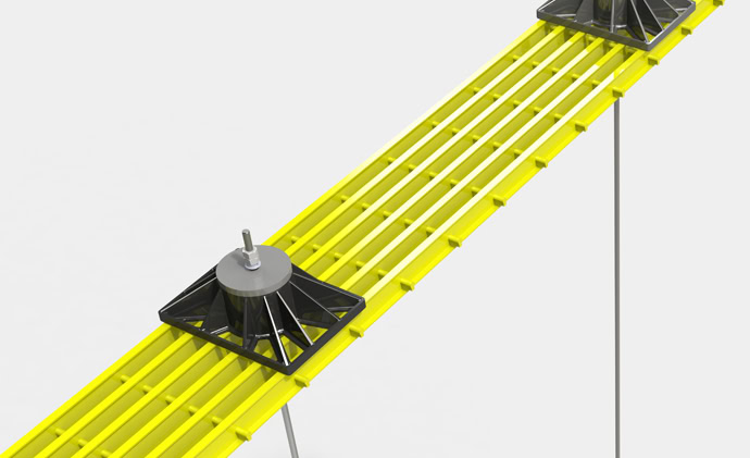 Image of a section of a yellow cable tray supported by black and silver brackets. The cable tray has an open grid design and appears to be elevated on poles or stands.