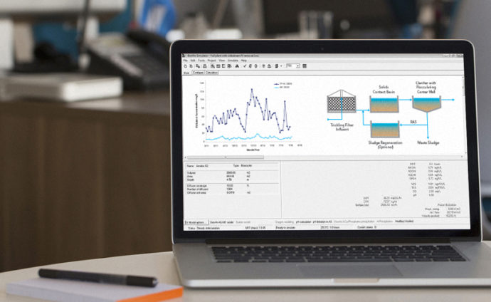 Un ordenador portátil sobre un escritorio que muestra en su pantalla gráficos de datos y diagramas relacionados con soluciones de tratamiento. El programa abierto parece ser de análisis técnico o de ingeniería,