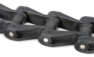 Close-up of a Polychem® NH-78 Drive Chain with thick, interconnected links and visible metal pins at the joints, designed for heavy-duty machinery or conveyor systems.