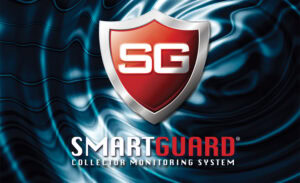 A shield emblem with the letters "SG" is at the center of the image. "SMARTGUARD" stands out in large, bold letters, while "COLLECTOR MONITORING SYSTEM" appears in smaller text beneath it. The background features a wavy, abstract pattern in dark and light shades.