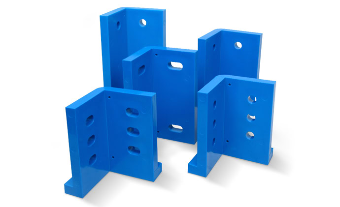 A group of five blue angle brackets of varying sizes and shapes, each with multiple hole.