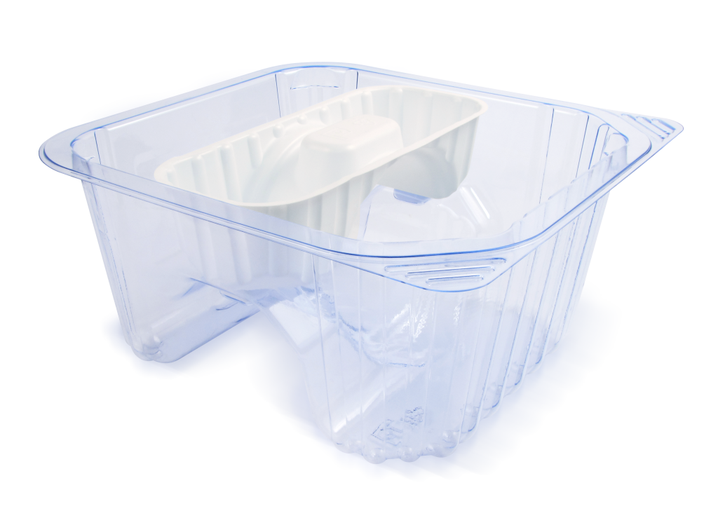 A clear, rectangular plastic container with a smaller white insert designed for healthcare use. The container has ridged sides and appears empty, while the white insert is ideal for securely holding medical supplies or other items within the larger container.