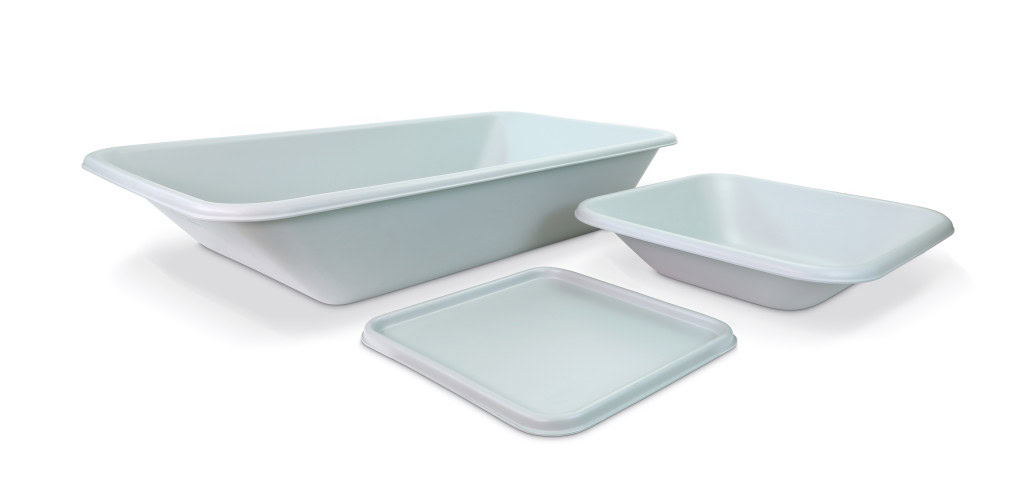 A collection of three light gray mortar trays: a large rectangular bin, a medium square container, and a smaller rectangular tray.