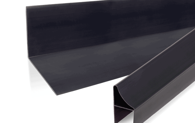 Two black metal pieces, one flat with a bend along one edge and the other shaped into a right-angle channel, are positioned against each other on a white background.