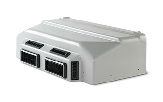 A white, rectangular air conditioning dashboard. The sleek, modern design with slightly rounded edges would fit seamlessly in any transportation setting.