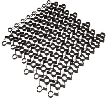 A black, interlocking grid mat with a hexagonal pattern. Ideal for stormwater management, the design is structured in a diamond-like shape arrangement.