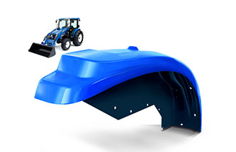 A blue tractor with a front loader attachment appears in the top left corner against a white background. Dominating the frame is a large, blue fender with mounting holes and a black underside.