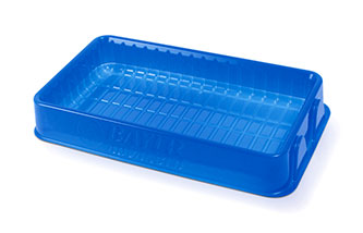 A blue rectangular plastic container with a textured bottom. It has slightly rounded corners and a flat rim around the top edge.