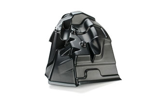 A black, intricately shaped splash shield with various folds, angles, and protrusions.