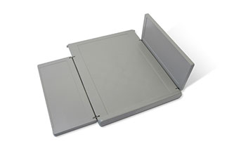 A light gray, foldable tray with two hinged extensions on either side. The board is positioned flat, both extensions fully open.