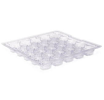 Bandeja de plástico transparente con compartimentos individuales, dispuestos en forma de cuadrícula, perfecta para uso del consumidor. Este producto es ideal para organizar o guardar objetos pequeños.