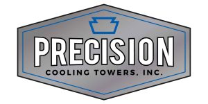 Un logotipo con acabado metálico. En el interior, la palabra "PRECISION" está escrita en letras grandes, blancas y en negrita. Debajo, "Cooling Towers, Inc." aparece en letras negras más pequeñas. En la parte superior central, aparece el contorno azul de una forma de piedra angular.