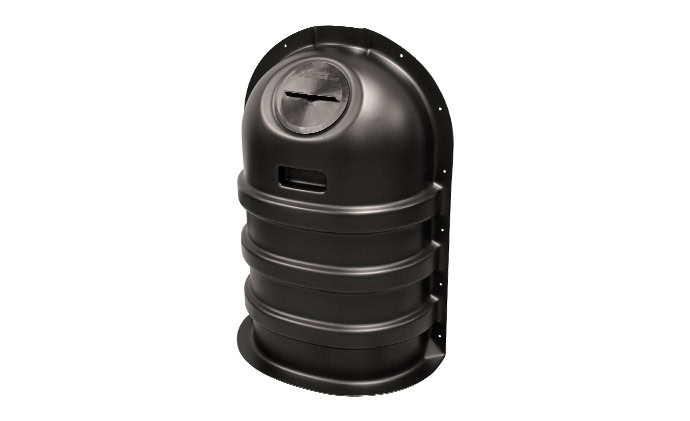 A black, cylindrical, StormTank Shield with a domed top and circular lid. The body has horizontal ridges for added strength.