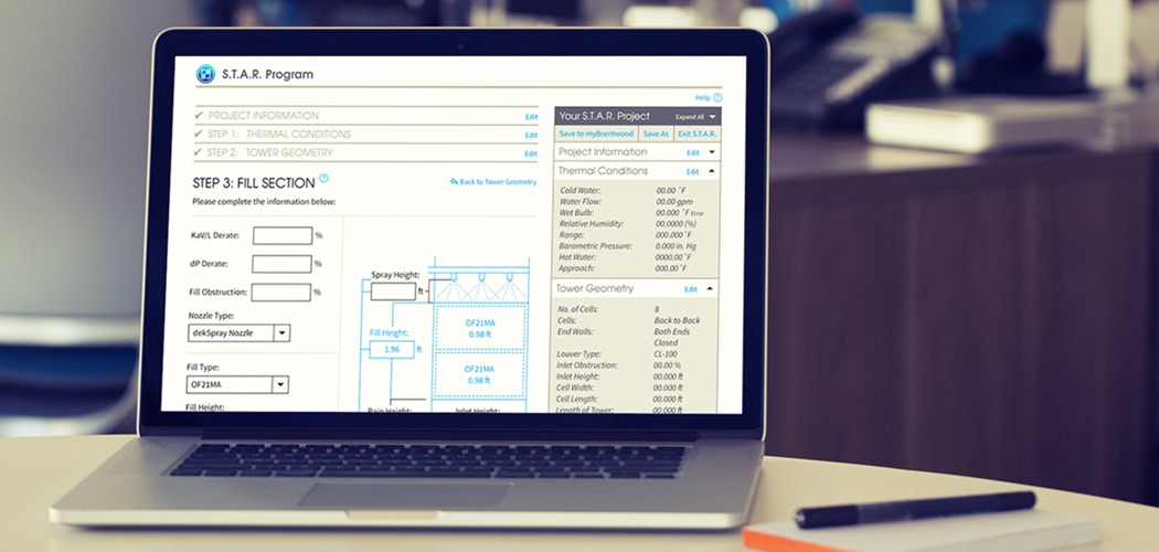 A laptop on a desk displaying the S.T.A.R. program interface. The screen shows a user interface for project information input, thermal conditions, and motor geometry.