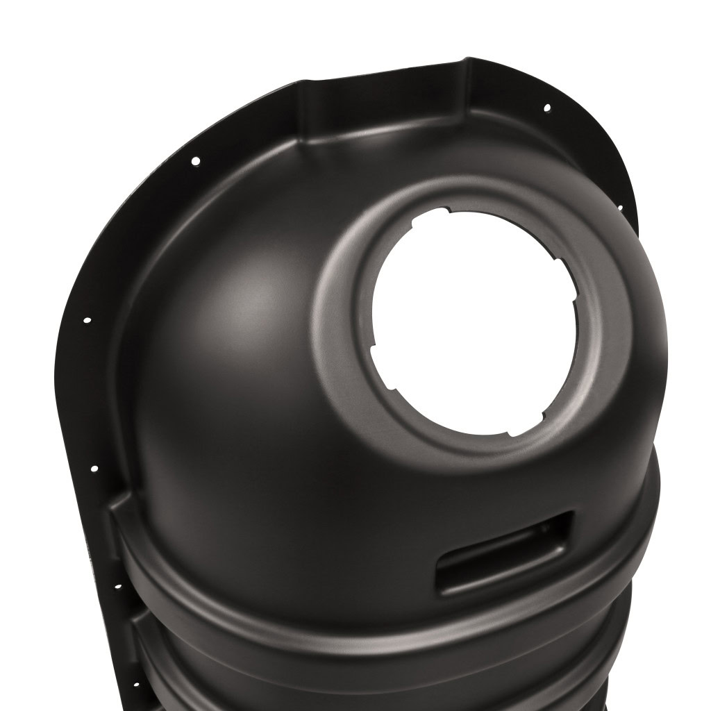 A close-up image of a black metal component with a circular opening near the top. The surface is smooth and has a matte finish, with a few visible holes around the edges for installation purposes. The cylindrical component, used in stormwater management systems.