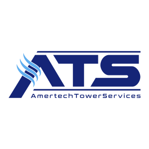 The image features the logo of Amertech Tower Services. It consists of the acronym "ATS" in bold, dark blue capital letters. To the left of "ATS," there are three light blue, wavy lines. Beneath "ATS," the full name Amertech Tower Services is written in a smaller font.