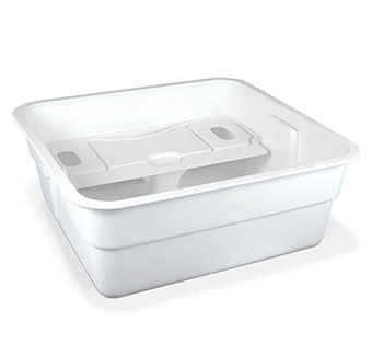 A white, square-shaped plastic basin with a fitted tray insert that has slots and holes. The consumer-friendly product features a smooth surface designed for multipurpose use.