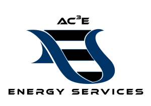 Logotipo de AC3E Energy Services con un diseño estilizado en forma de lazo azul. El nombre de la empresa, "AC3E Energy Services", aparece debajo en letras mayúsculas oscuras.