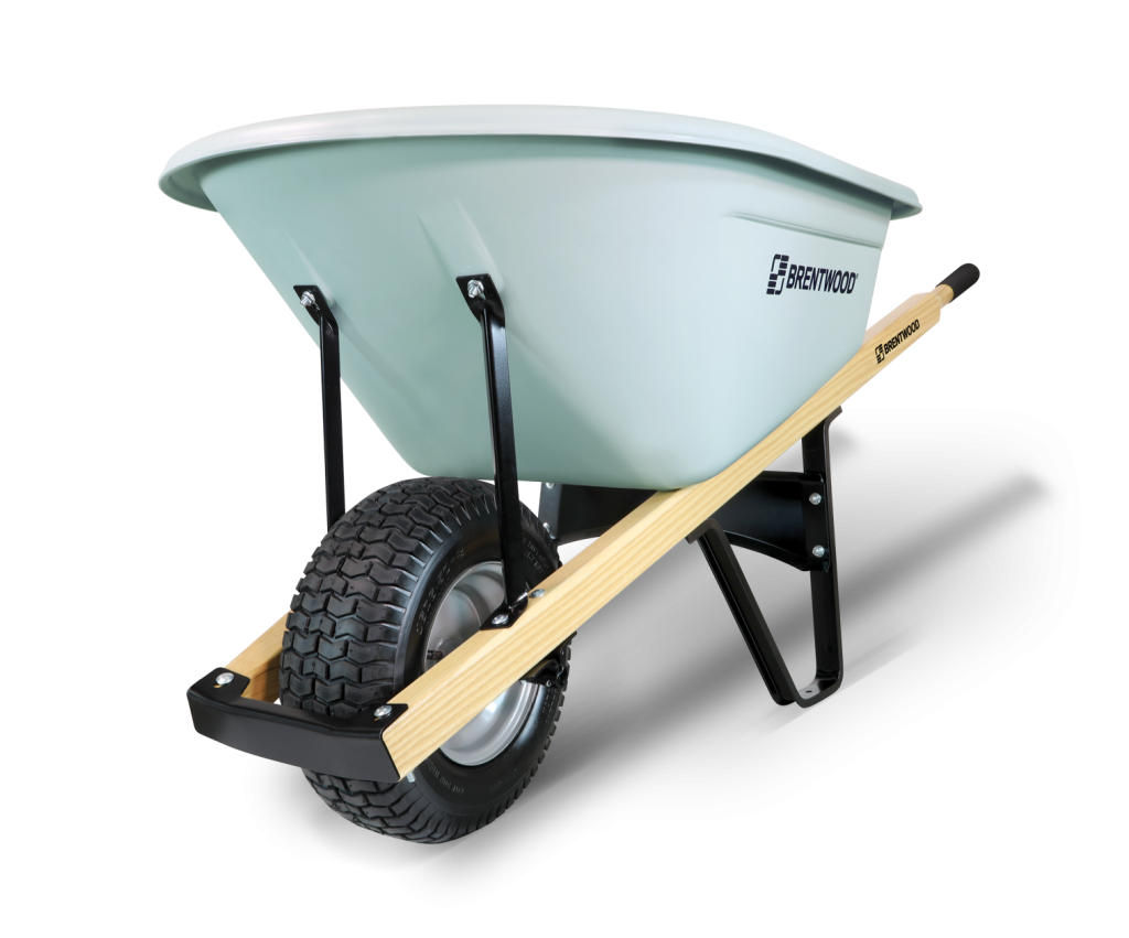 A light green Brentwood wheelbarrow with a single black pneumatic tire. It has sturdy wooden handles and support stands, perfect for any construction project.