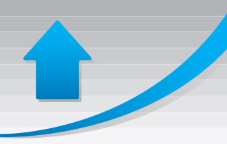 A graphic featuring an upward-pointing blue arrow on the left side, alongside a rising blue curve on the right. The background is a light grey with horizontal lines.