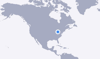 A map of North America with a blue dot marking a specific location in Martinsville, Virginia.