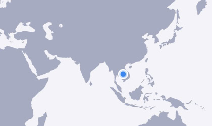 A world map highlighting Southeast Asia with a blue dot marking Rayong, Thailand.