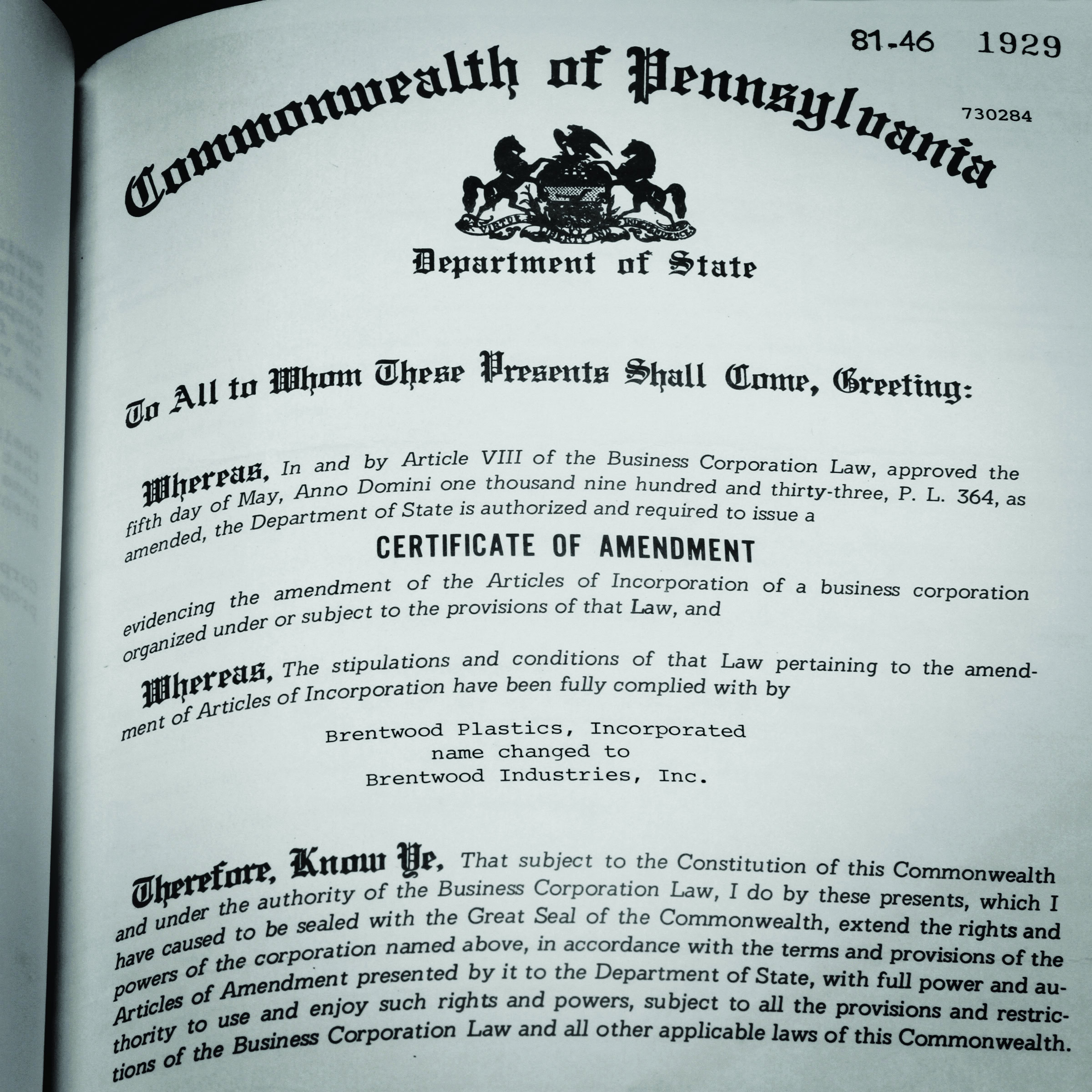 A document from the Commonwealth of Pennsylvania's Department of State certifies an amendment to the Articles of Incorporation for Brentwood Plastics. It outlines the history, legal articles of amendment, and compliance under the Business Corporation Law, detailing approvals and changes.