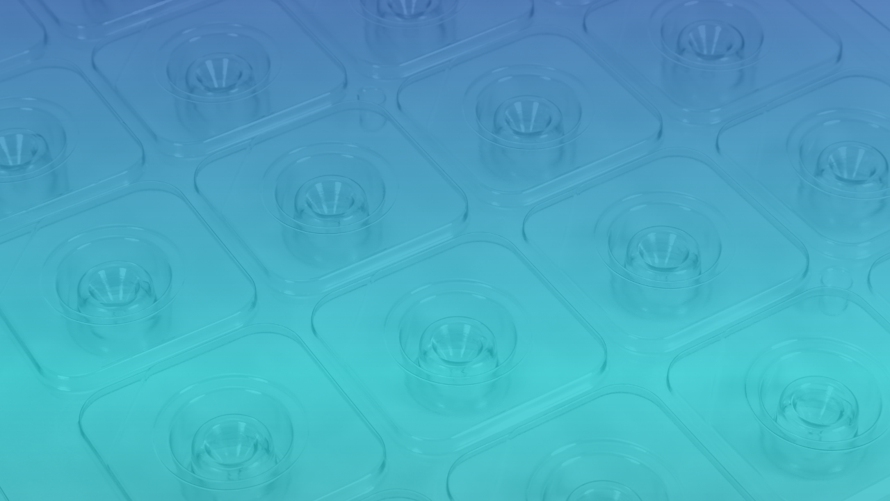 A close-up image shows a grid of clear plastic containers, each with circular depressions, arranged neatly in a repeating diamond pattern. The background features a gradient from blue at the top to teal at the bottom.