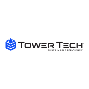 La imagen muestra el logotipo de Tower Tech, Inc. Consiste en un emblema geométrico azul parecido a una gota de agua sobre una estructura estilizada, seguido de las palabras "Tower Tech" en letras negras en negrita. Debajo, la frase "Eficiencia sostenible" está escrita en texto negro más pequeño.